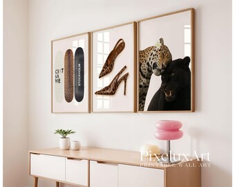Retro Leopard Panther Wall Art Set of 3 - Y2K Stockholm Style Printable Decor, Aesthetic Fashion Skateboard & Leopad Heels Poster, image 3