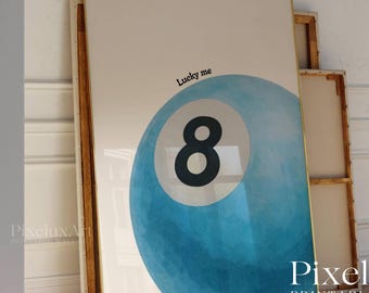 Lucky 8 Ball Print, Pool Ball Print, Vintage Game Room Decor, Luck Wall Art, Blue Billiards Print, Pool Print, Retro Art, Funky Vintage Art, image 3