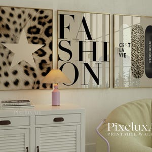 May include: Three framed wall art prints. The first features a star on a leopard print background. The second says "FASHION" in large black letters. The third has a leopard print skateboard and the text "C'est la vie" and "Stockholm".