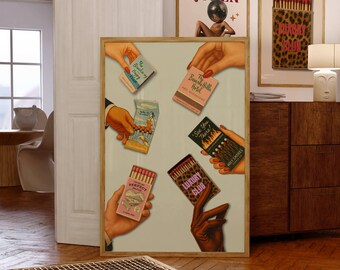 Retro Matchbox Art Print, Trendy Wall Art, Vintage Bar Cart Poster, Funky Leopard Wall Decor, Trendy Matchbook Collection Printable for Her, image 1
