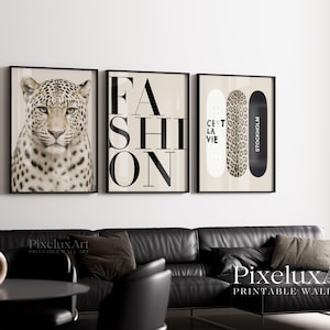 May include: Three framed wall art prints. The first features a leopard's face. The second says "FASHION" in large black letters. The third shows two skateboards, one with leopard print, and the text "C'est la vie" and "Stockholm".