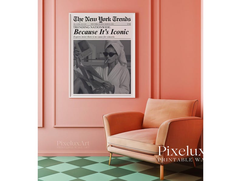 May include: A framed black and white print of a newspaper titled "The New York Trends" with the headline "Because It's Iconic." The print hangs on a pink wall above a peach-colored armchair. The floor has a green and white checkered pattern.