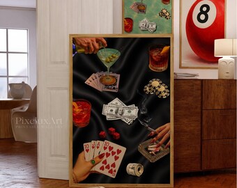 Vintage Playing Cards Wall Art, Retro Poker Night Print, Funky  Playing Cards Print, Retro Girly Trendy Poster, Cards & Drinks Poster, image 1