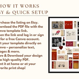 May include: A black and white image of a collage of matchboxes with photos and text. The matchboxes are arranged in a grid pattern and include photos of a couple, a camera, a martini glass, and a golf cart. The text on the matchboxes includes "E & H", "te amo", "Love", "10.12.2024", and "Toronto".