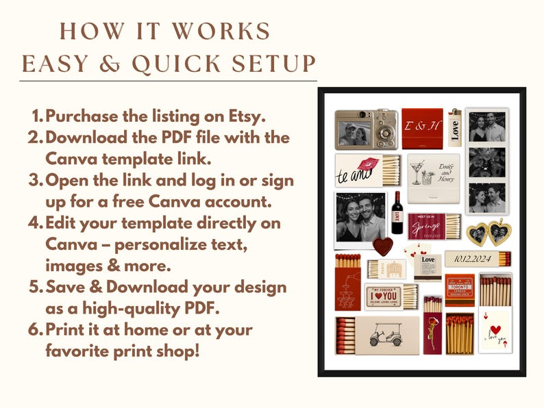 May include: A black and white image of a collage of matchboxes with photos and text. The matchboxes are arranged in a grid pattern and include photos of a couple, a camera, a martini glass, and a golf cart. The text on the matchboxes includes "E & H", "te amo", "Love", "10.12.2024", and "Toronto".
