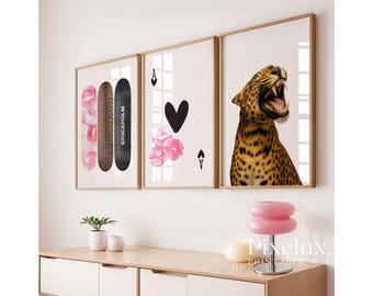 Pink Leopard Poster Set of 3, Stockholm Fashion Wall Art, Trendy Girl Room Decor, Ace of Hearts Print, Chic Pink Aesthetic Gallery Wall, image 1