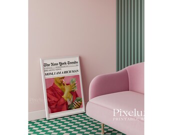 Mom I Am A Rich Man Newspaper Poster, Fashion Wall Art Print, Glam Girl Money Art, Pink Aesthetic Digital Download, Editorial Room Decor, image 4