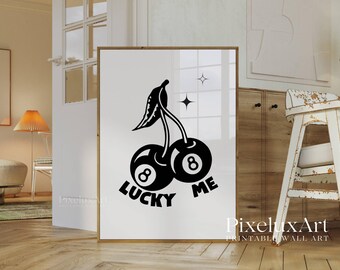 Black and White Lucky Wall Art Set of 6 - Game Room Decor, Retro 8 Ball, Ace Card, Cherry Ball Prints, Aesthetic Chic, Stylish Fashion Print, image 8