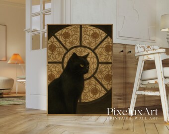 Black Cat Halloween Wall Art – Gothic Spooky Cat Print, Vintage Witchy Decor, Mystical Dark Academia Home Decoration, image 3