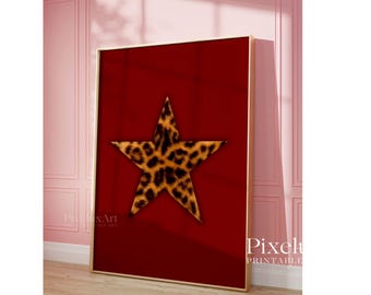 Retro Leopard Star Wall Art, Vintage Leopard Print, Red Star Girl Poster, Funky Y2K Aesthetic Print, Cheetah Girly Wall Art, image 6