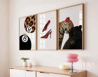 Leopard & Panther Wall Art Set, Red Heels Poster Trio, Lucky 8 Ball Print, Fashion Glam Printable Gallery Wall Decor, image 3
