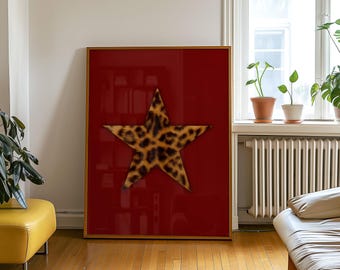 Retro Leopard Star Wall Art, Vintage Leopard Print, Red Star Girl Poster, Funky Y2K Aesthetic Print, Cheetah Girly Wall Art, image 9