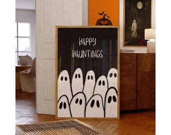 Happy Hauntings Halloween Poster, Cute Ghost Wall Art Print, Spooky October Home Decor, Black and White Minimal Halloween Sign, Ghost Poster, image 5