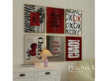 Red Retro Wall Art Set of 6 Prints, Y2K Fashion Decor, Mom I Am A Rich Man, Cherry, XOXO, Ciao Poster for Dorm Room, Apartment Gallery Print, image 1