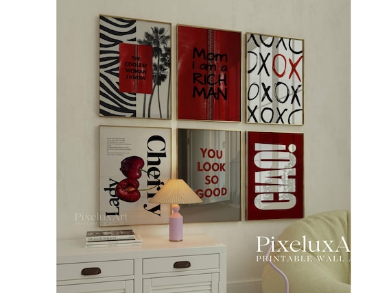 Red Retro Wall Art Set of 6 Prints