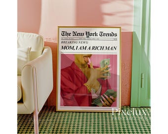 Mom I Am A Rich Man Newspaper Poster, Fashion Wall Art Print, Glam Girl Money Art, Pink Aesthetic Digital Download, Editorial Room Decor, image 7
