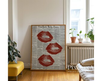 Trendy Newspaper Print, Red Kiss Lips Wall Art, Girly Bar Cart Decor, Black White Retro Poster, Preppy Aesthetic Home Decor, Dorm Room Art, image 7