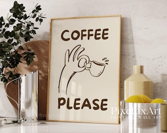 Coffee Please Wall Art, Funny Coffee Poster, Retro Kitchen Print, Coffee Bar Decor, Cute Coffee Lover Gift, Coffee Station Printable Art