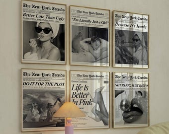 Set of 6 Trendy Newspaper Print – Girly Newspaper Poster, Decorative Newspaper Art Print, Black & White Newspaper Prints, Newspaper Wall Art