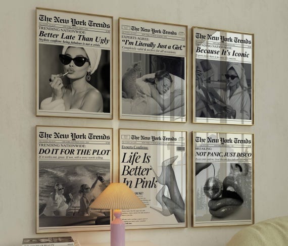 Set of 6 Trendy Newspaper Print – Girly Newspaper Poster, Decorative Newspaper Art Print, Black & White Newspaper Prints, Newspaper Wall Art