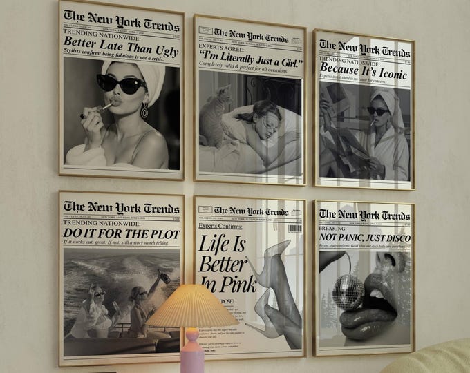 Set of 6 Trendy Newspaper Print – Girly Newspaper Poster…