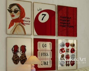 Set of 6 Red Chic Wall Art Prints – Fashion Illustration Poster, Retro Feminine Collage, Leopard Heels Print, Leopard Print, Y2K Fashion Art, image 9