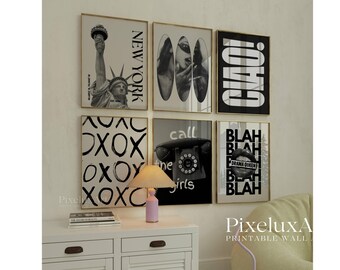 Set of 6 Trendy Black and White Gallery Wall Art, Fashion XOXO, NYC Poster, Ciao, Skateboard Print, Aesthetic Chic Apartment Decor, image 1