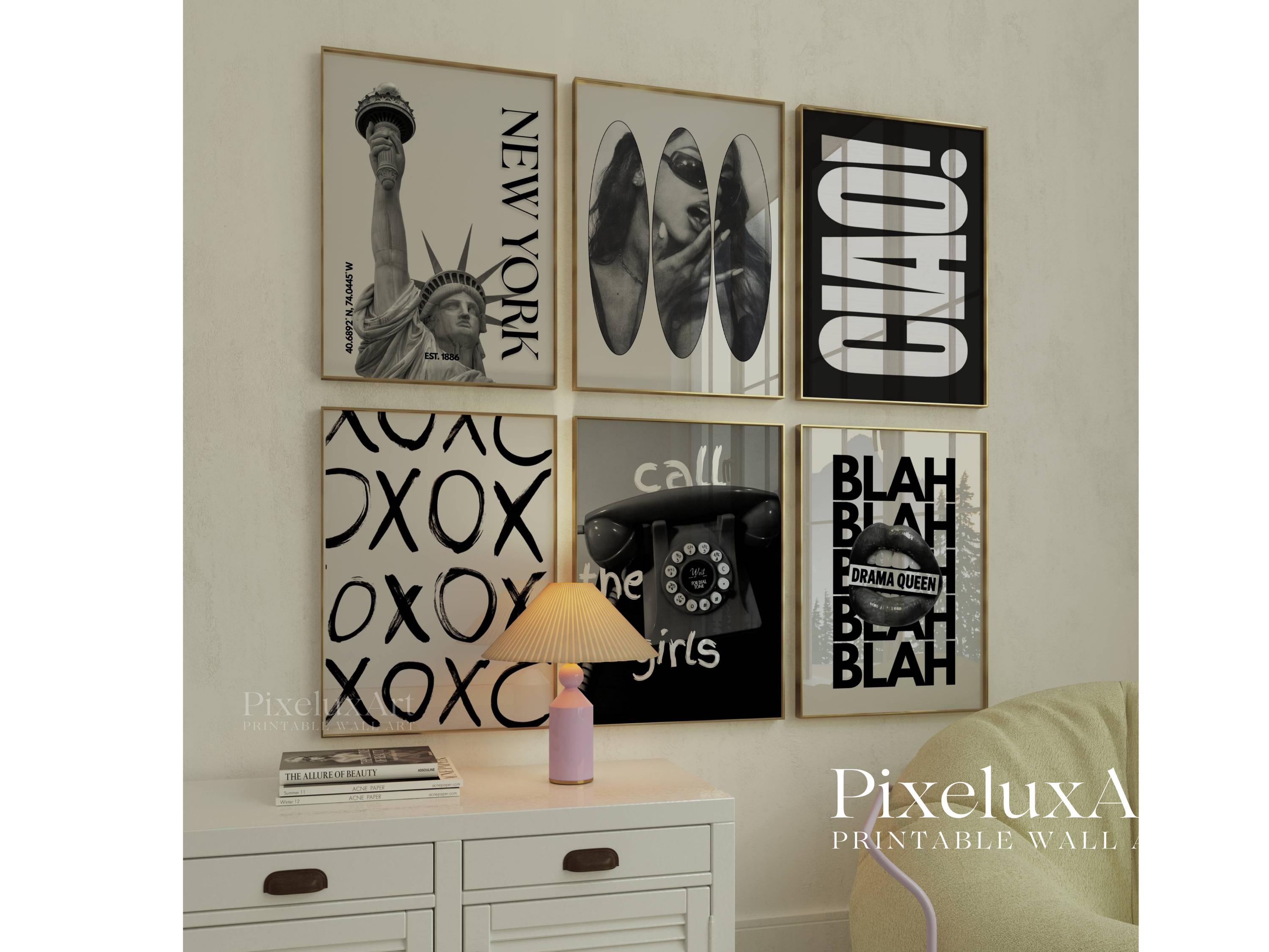 Set of 6 Trendy Black and White Gallery Wall Art, Fashion XOXO, NYC Poster, Ciao, Skateboard Print, Aesthetic Chic Apartment Decor