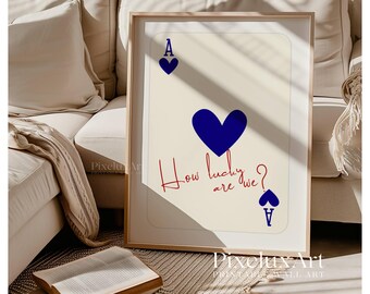How Lucky Are We Print, Navy Ace of Hearts Wall Art, Playing Card Poster, Aesthetic Romantic Print, Trendy Apartment Decor, Ace Cards Poster, image 3