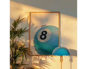 Lucky 8 Ball Print, Pool Ball Print, Vintage Game Room Decor, Luck Wall Art, Blue Billiards Print, Pool Print, Retro Art, Funky Vintage Art, image 6