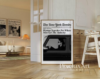 Trendy Newspaper Print, Woman Searches Men Audacity Retro Girly Wall Art, Dorm Room Poster, Magazine Newspaper Art Print for Girl Apartments, image 3