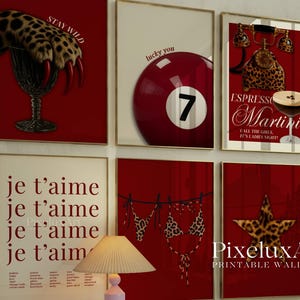 May include: Six framed wall art prints in red and cream. Designs include a leopard claw, a billiard ball with the number 7, and the words "Espresso Martini". Other prints feature the words "je t'aime" and a leopard print bikini. The prints are designed for wall decor.