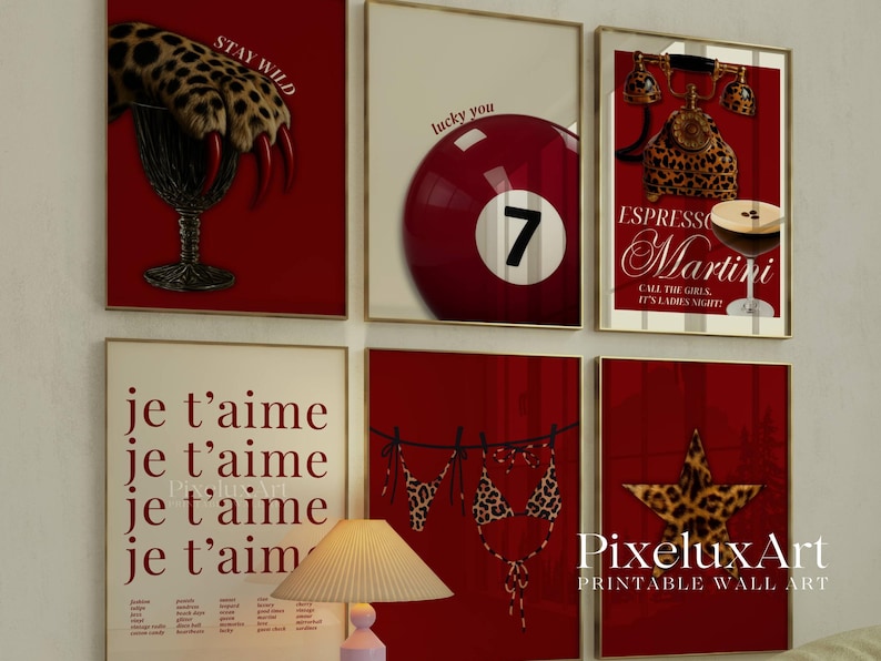 May include: Six framed wall art prints in red and cream. Designs include a leopard claw, a billiard ball with the number 7, and the words "Espresso Martini". Other prints feature the words "je t'aime" and a leopard print bikini. The prints are designed for wall decor.