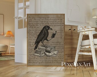Vintage Crow Wall Art – Gothic Halloween Printable with Crow and Antique Script, Dark Academia Spooky Fall Decor Print, image 3