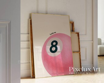 Lucky 8 Ball Print, Pool Ball Print, Vintage Game Room Decor, Luck Wall Art, Pink Billiards Print, Pool Print, Retro Art, Funky Vintage Art, image 7