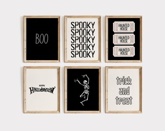 Halloween Wall Art Set of 6 – Spooky Boo, Haunted House Tickets, Dancing Skeleton, Trick or Treat, Vintage Printable Decor, image 1