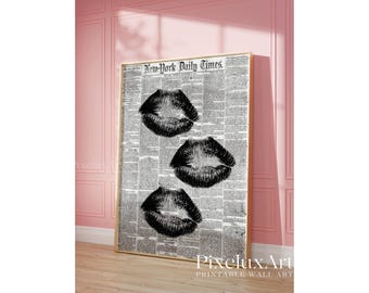 Newspaper Kiss Lips Wall Art, Trendy Black & White Girly Print, Aesthetic Bar Cart Decor, Preppy Poster, Vintage Retro Fashion Art, Dorm Art, image 1