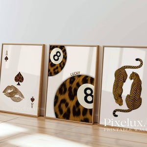 Leopard Retro Wall Art Set • 8 Ball, Ace Card & Cheetah Duo Posters • Y2K Aesthetic, Maximalist Gallery Print, Printable Art for Bold Spaces