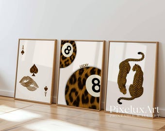 Leopard Retro Wall Art Set • 8 Ball, Ace Card & Cheetah Duo Posters • Y2K Aesthetic, Maximalist Gallery Print, Printable Art for Bold Spaces, image 1