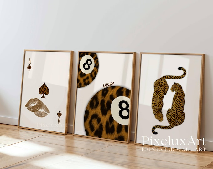 Leopard Retro Wall Art Set • 8 Ball, Ace Card & Cheetah Duo…