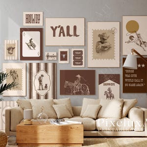 May include: A gallery wall of framed art prints with a Western theme, showcasing cowboy illustrations, typography, and vintage-style designs. The colour palette includes shades of brown, beige, and cream, creating a rustic aesthetic. The prints vary in size and shape, adding visual interest.