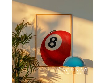 Lucky 8 Ball Print, Pool Ball Print, Vintage Game Room Decor, Luck Wall Art, Red Billiards Print, Pool Print, Retro Art, Funky Vintage Print, image 5