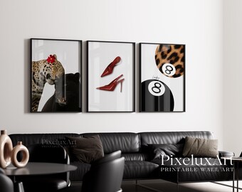 Leopard & Panther Wall Art Set, Red Heels Poster Trio, Lucky 8 Ball Print, Fashion Glam Printable Gallery Wall Decor, image 4