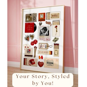May include: A framed collage featuring various vintage-style items. Includes a camera, a record, a photo, matchboxes, playing cards, dice, and a postcard. The text "Your Story, Styled by You!" is at the bottom.