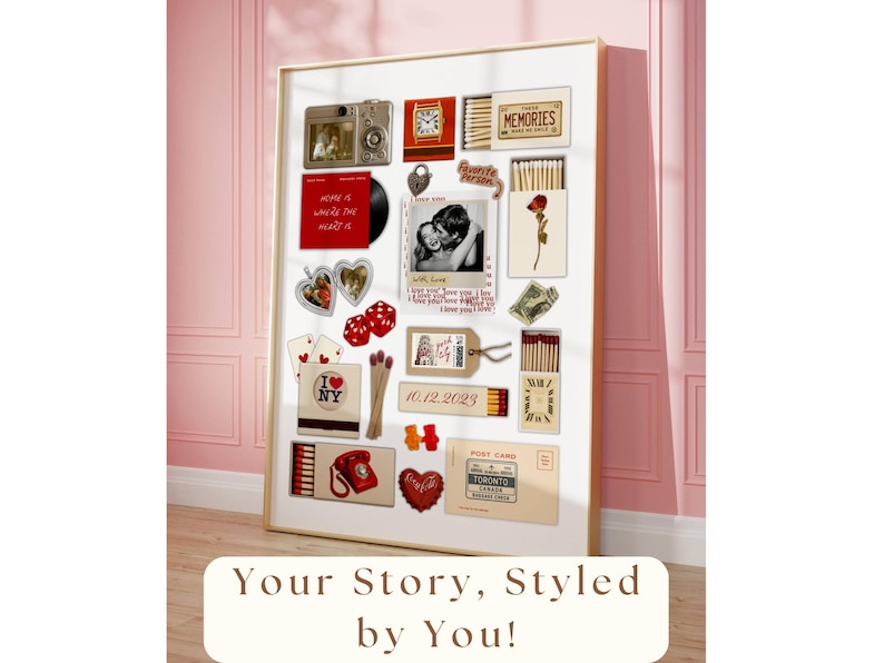 May include: A framed collage featuring various vintage-style items. Includes a camera, a record, a photo, matchboxes, playing cards, dice, and a postcard. The text "Your Story, Styled by You!" is at the bottom.