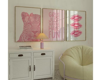 Pink Leopard Wall Art Set – Coquette & College Dorm Prints, Pink Kiss Lips, Girls Just Wanna Fun and Bikini Poster, Preppy Girly Wall Art, image 1