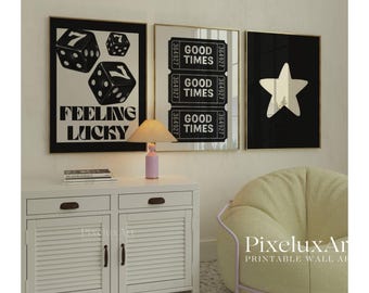Black and White Gallery Wall Art Set of 6, Dice, Cherry Ball, Star, Ace Card Prints, Aesthetic Chic Apartment Decor, Stylish Fashion Print, image 3