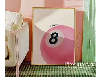 Lucky 8 Ball Print, Pool Ball Print, Vintage Game Room Decor, Luck Wall Art, Pink Billiards Print, Pool Print, Retro Art, Funky Vintage Art, image 10