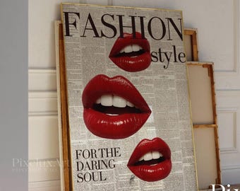 Fashion Newspaper Print, Red Lips Wall Art, Daring Soul Poster, Trendy Retro Wall Art, Girly Dorm Room & Vanity Decor, Printable Art, image 3