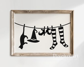 Witch Laundry Wall Art – Spooky Black Cat, Witch Hat, Shoes & Striped Socks Printable Halloween Decor, Funny Rustic Holiday Print, image 1